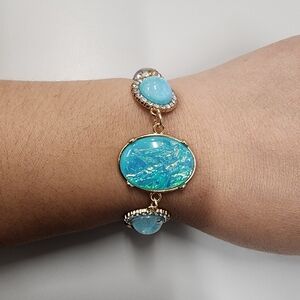 Iridescent Cabochan Rhinestone Mermaid Bracelet Gold-Tone Faux Opal Whimsical